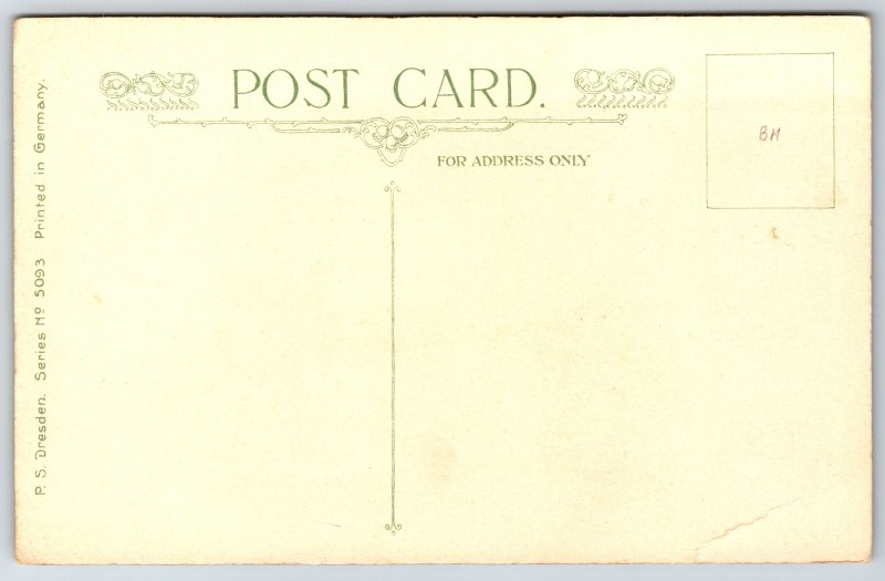 Christmas Calligraphy~Yule Log Glows In Fireplace Cupboard~PS Dresden c1907