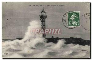 Old Postcard Le Havre The pier one day storm Lighthouse