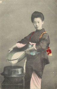 Hand Colored Postcard Japanese Woman Pours Washed Rice