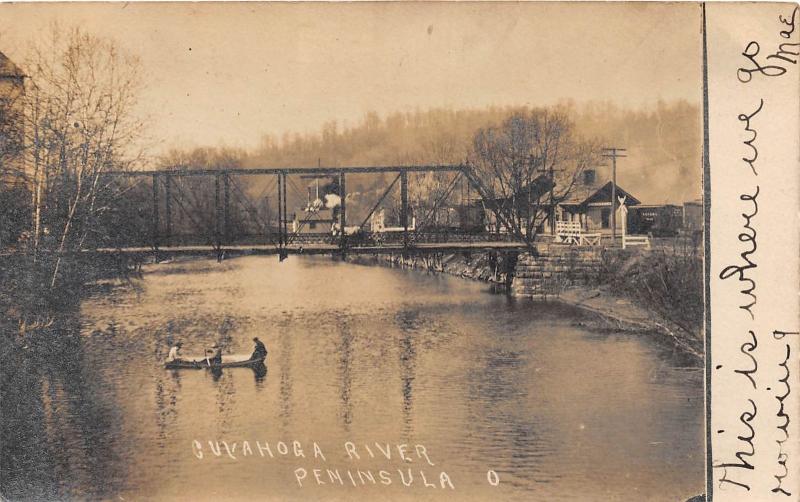 E62/ Peninsula Ohio RPPC Postcard 1907 Bridge Railroad Depot Boat River