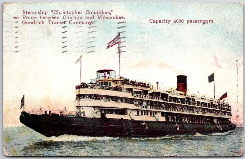 1910's Steamship Christopher Columbus Route Chicago & Milwaukee Posted Postcard