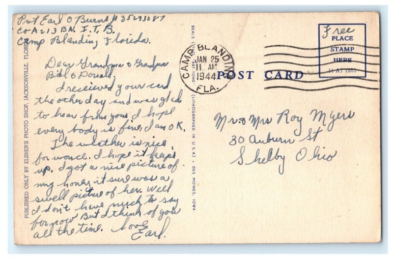 1942 Soldiers Mail WW2 Earl Burns Camp Blanding Florida Ohio Shelby Postcard