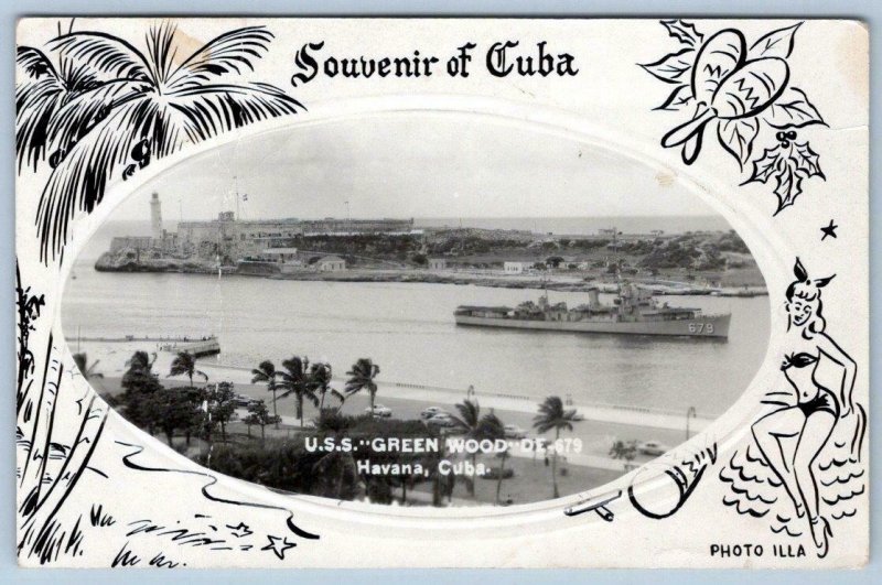 1950's RPPC USS GREEN WOOD DE-679 NAVY DESTROYER SOUVENIR HAVANA CUBA (CREASED)