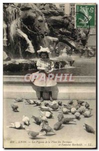 Old Postcard Lyon Pigeons from Place Bellecour and Fontaine Bartholdi Child