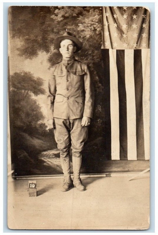 1918 WWI US Army Soldier Studio Portrait Flag Ashby NE RPPC Photo Postcard