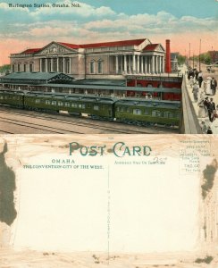 OMAHA NE BURLINGTON RAILWAY STATION ANTIQUE POSTCARD TRAIN RAILROAD DEPOT