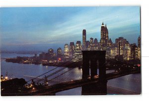 New York City NY Vintage Postcard Nightfall in Lower Manhattan Brooklyn Bridge