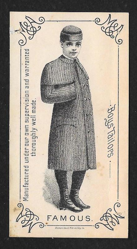 VICTORIAN TRADE CARD Famous Boy's Clothiers