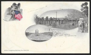 Greetings from America Mormon Tabernacle & Lady & Flag Salt Lake UT Unused c1905