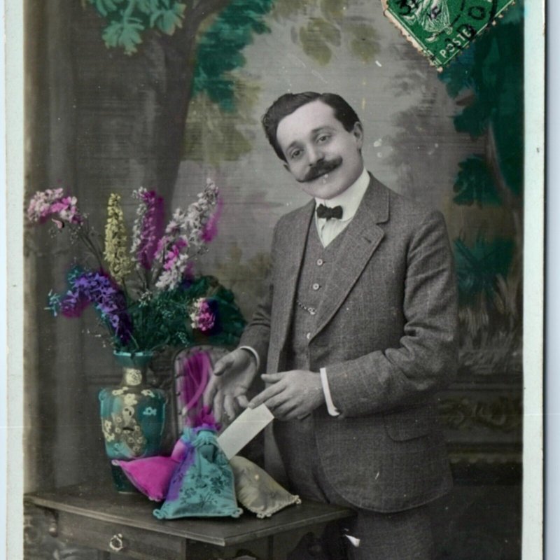 1910s French Happy New Year Young Man Mustache RPPC Hand Colored Real Photo A136
