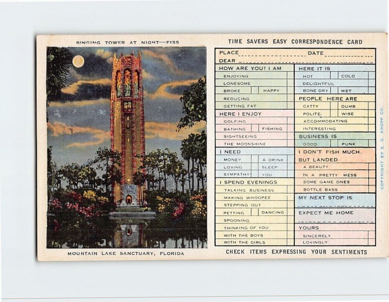 Postcard Singing Tower At Night, Mountain Lake Sanctuary, Lake Wales, Florida