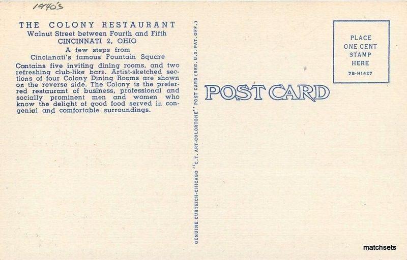 1940s Colony Restaurant Cincinnati Ohio Roadside Teich linen postcard 3211