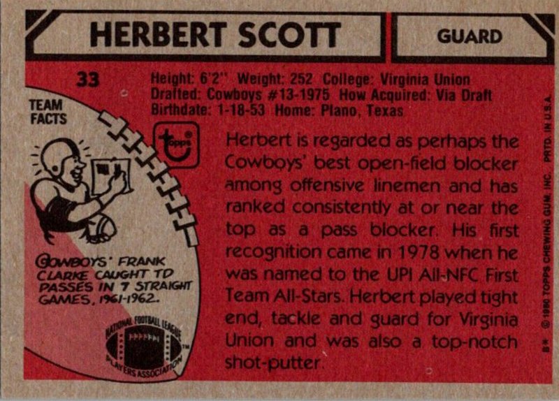 1980 Topps Football Card Herbert Scott G Dallas Cowboys sun0092