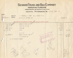 PETERSBURG VIRGINIA VA~SEWARD TRUNK & BAG COMPANY~1927 BILLHEAD