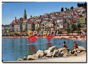 Postcard Modern Riviera Menton Alpes Maritimes Beaches and Old Town Windsurfing