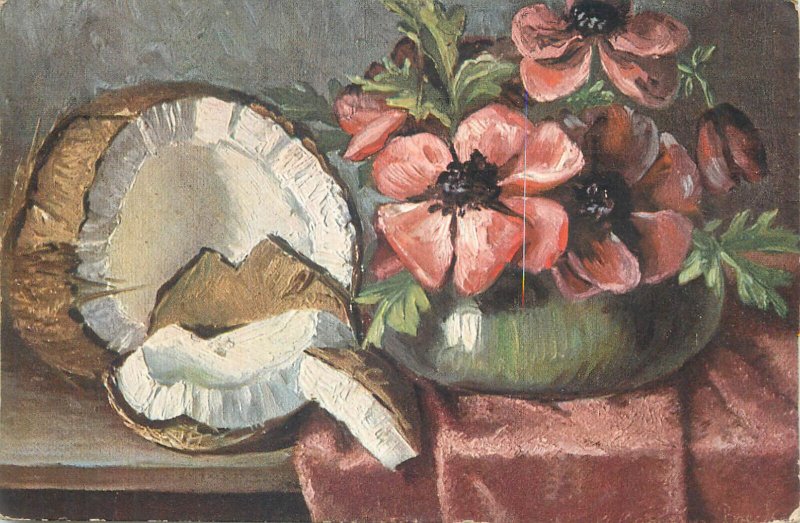 Still life with coconut & poppy flowers vase 1909 postcard