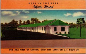 Vtg 1940s Mills Motel US Rout 30 Canton Ohio OH Linen Postcard