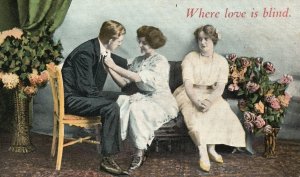 Vintage Postcard 1923 Girl Staring At Couple's Sweet Romance Where Love Is Blind