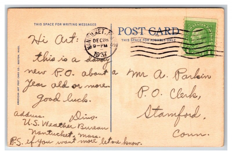 Post Office and Atheneum Building Nantucket Massachusetts MA Linen Postcard N26
