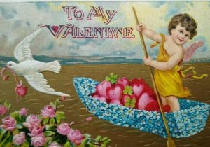 Cherub Angel Rows Boat Gold Ocean Seagull Hearts Valentine Postcard Germany 687