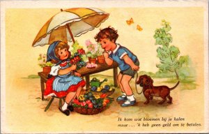 Boy Girl Dog And Umbrella Vintage Postcard C187