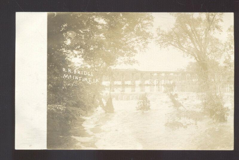 RPPC MCINTIRE IOWA RAILROAD TRAIN BRIDGE VINTAGE REAL PHOTO POSTCARD