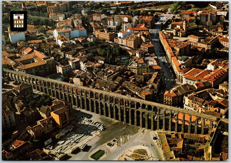 VINTAGE CONTINENTAL SIZE POSTCARD AERIAL VIEW OF THE AQUEDUCT AT SEGOVIA SPAIN