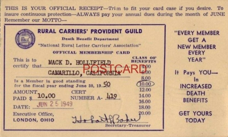 OFFICIAL RECEIPT - RURAL CARRIERS' PROVIDENT GUILD - MEMBERSHIP CARD for 1950