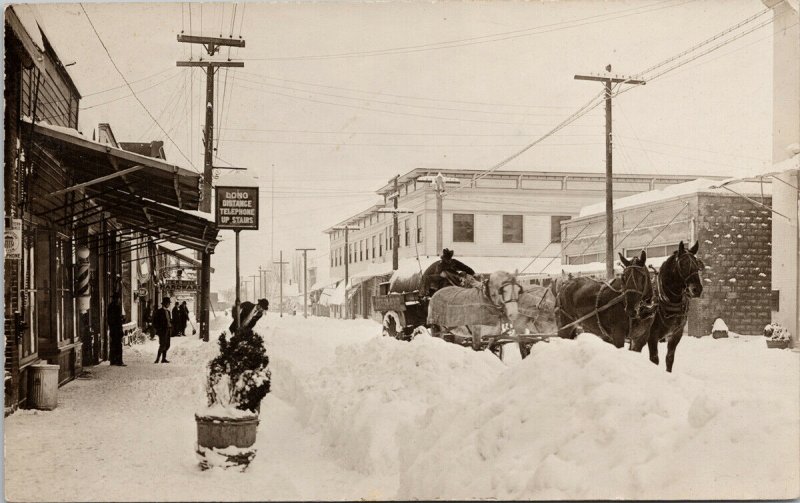 Silverton OR ?? Street Scene Winter Snow Men Shovelling Horses RPPC Postcard F88