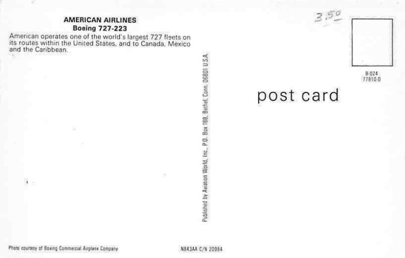 Airline Postcards American Airlines Boeing 727-233   N843AA  c/n 20984