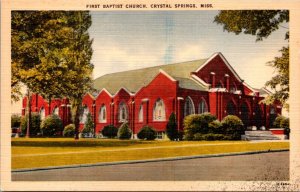 Linen Postcard First Baptist Church in Crystal Springs, Mississippi