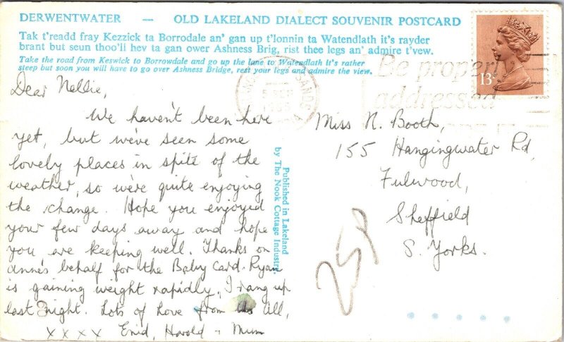 Derwentwater Old Lakeland Dialect Souvenir Postcard Kezzick Postcard PM Vintage 