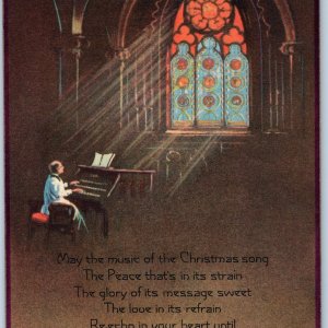 c1920s Church Stained Glass Man Piano Christmas Song Greetings Card Poem Vtg 5I