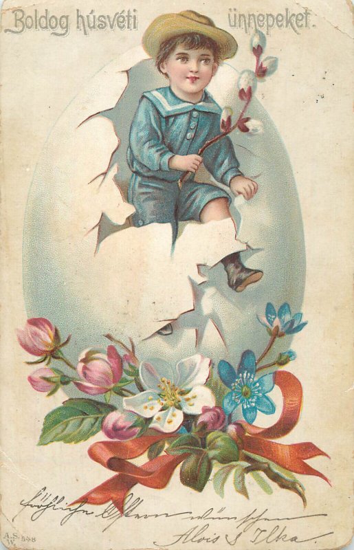 Easter greetings 1901 Hungary adorable drawn boy blossom flowers egg chromo