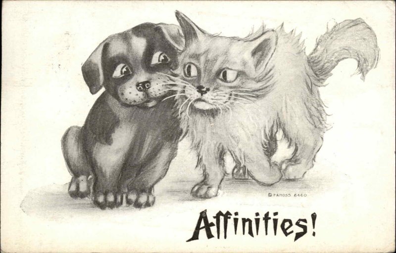 Fluffy Kitten Cuddles Up to Puppy Affinities! COMIC c1910 Postcard