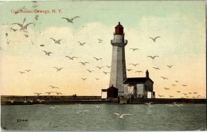 Seagulls Flying Around Lighthouse, Oswego NY c1913 Vintage Postcard E67