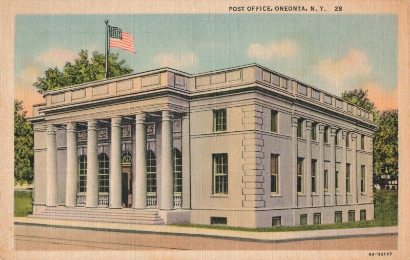 Circa 1940's Post Office, Oneonta, New York Vintage Linen Postcard