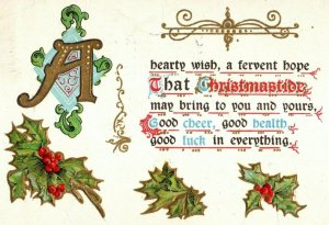 Circa 1910 Lovely Christmastide Holly Berries Gilt Christmas Embossed P1