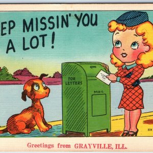 c1950s Grayville, IL Greetings from Comic Missing You Mailbox Lady Linen PC A331