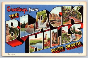Black Hills South Dakota Greetings~Waterfall~Large Letter Linen~1937 Postcard