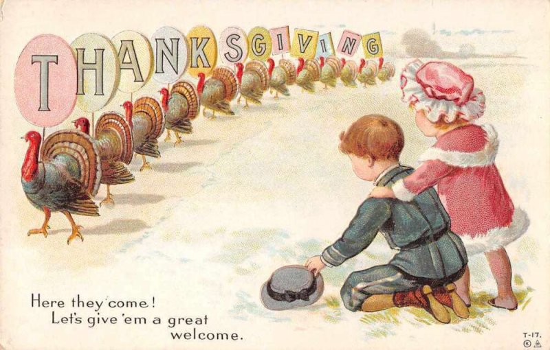 Thanksgiving Greetings Children and Turkeys Vintage Postcard AA12261