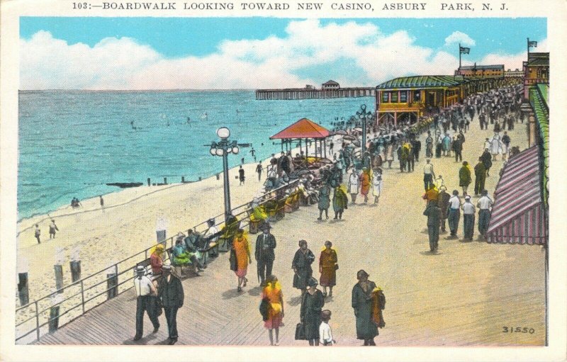 Boardwalk Looking Toward New Casino Asbury Park NJ Unused W-Border Postcard