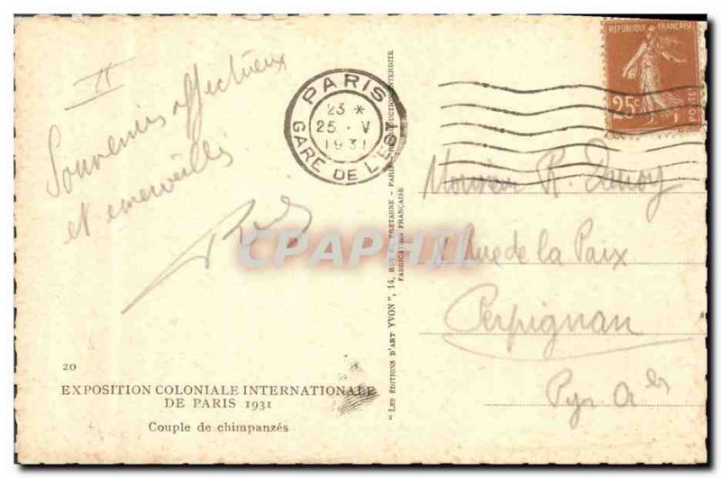 Old Postcard Monkey Paris International Colonial Exposition in 1931 Couple of...