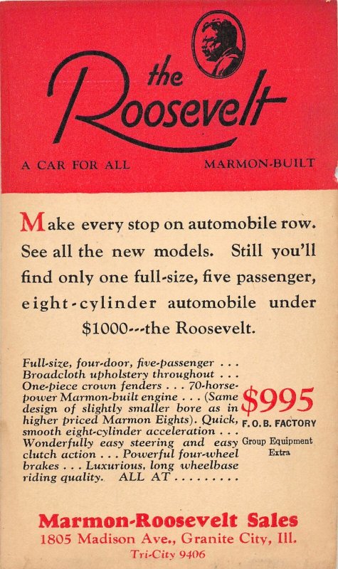 F47/ Granite City Illinois Postcard c1940s Roosevelt Automobile Advertisement