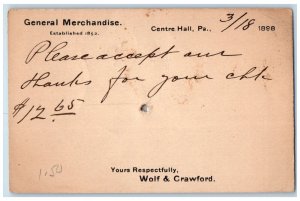 1898 Wolf & Crawford General Merchandise Centre Hall Pennsylvania PA Postal Card