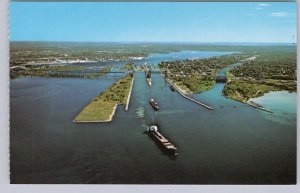 Canal, Freighters, Sault Ste Marie International Bridge, Aerial View Postcard