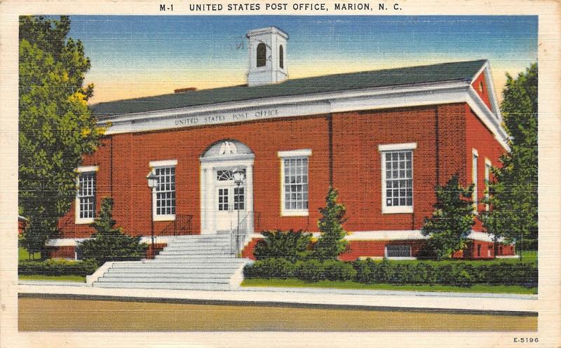 Marion North Carolina~US Post Office~McDowell County~1940s Linen Postcard