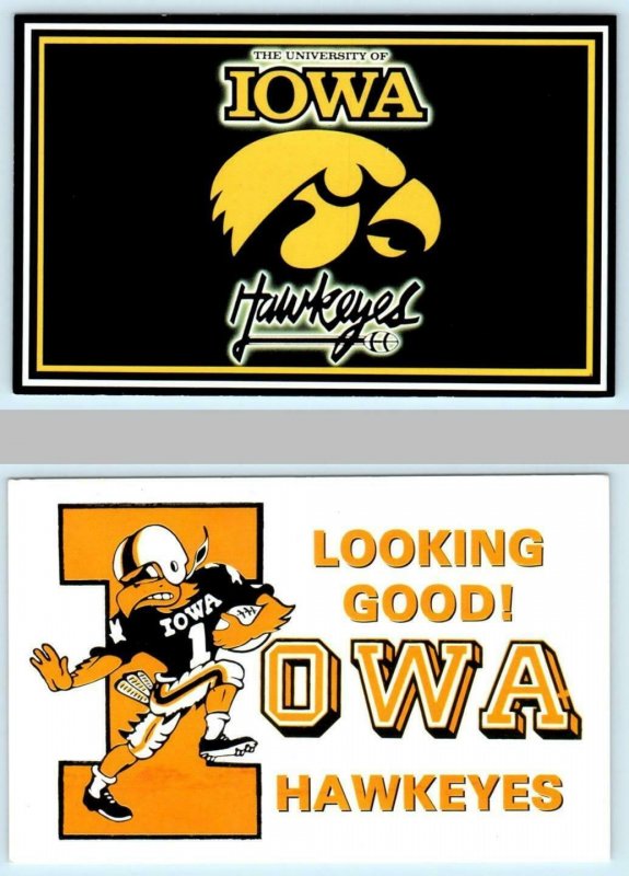 2 Postcards UNIVERSITY OF IOWA, Iowa City IA ~ Football HAWKEYES MASCOT c1970s