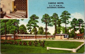 Linen Postcard Carole Motel U.S. 17 in Savannah, Georgia