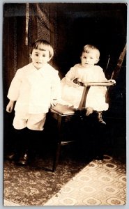 c1920 RPPC Real Photo Postcard Children Toddlers Baby Chair Carpet Flooring